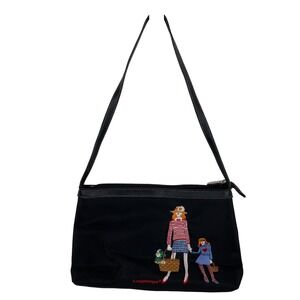 Longaberger Black‎ Nylon Crossbody Bag Embroidered Woman Child Picnic Basket